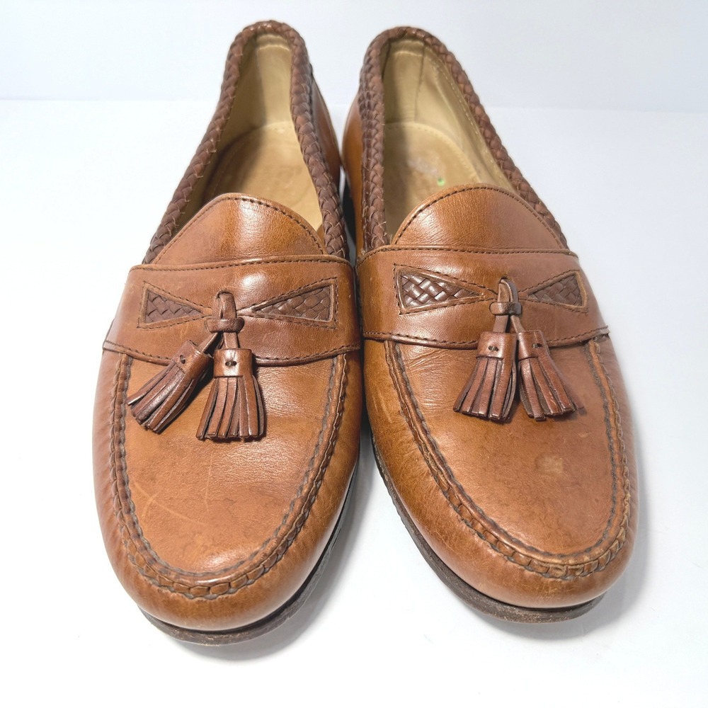 FootJoy Mens 10 D Brown Leather Tassel Loafers Woven Trim Handsewn Made in USA